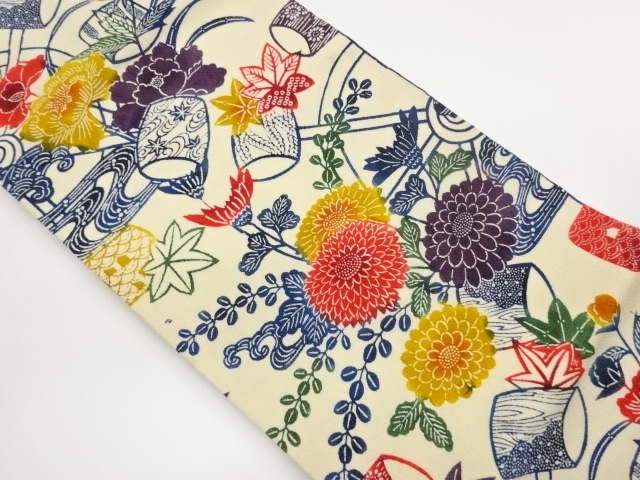 JAPANESE NAGOYA OBI / CHIRIMEN / KATAZOME / MAPLE LEAVES